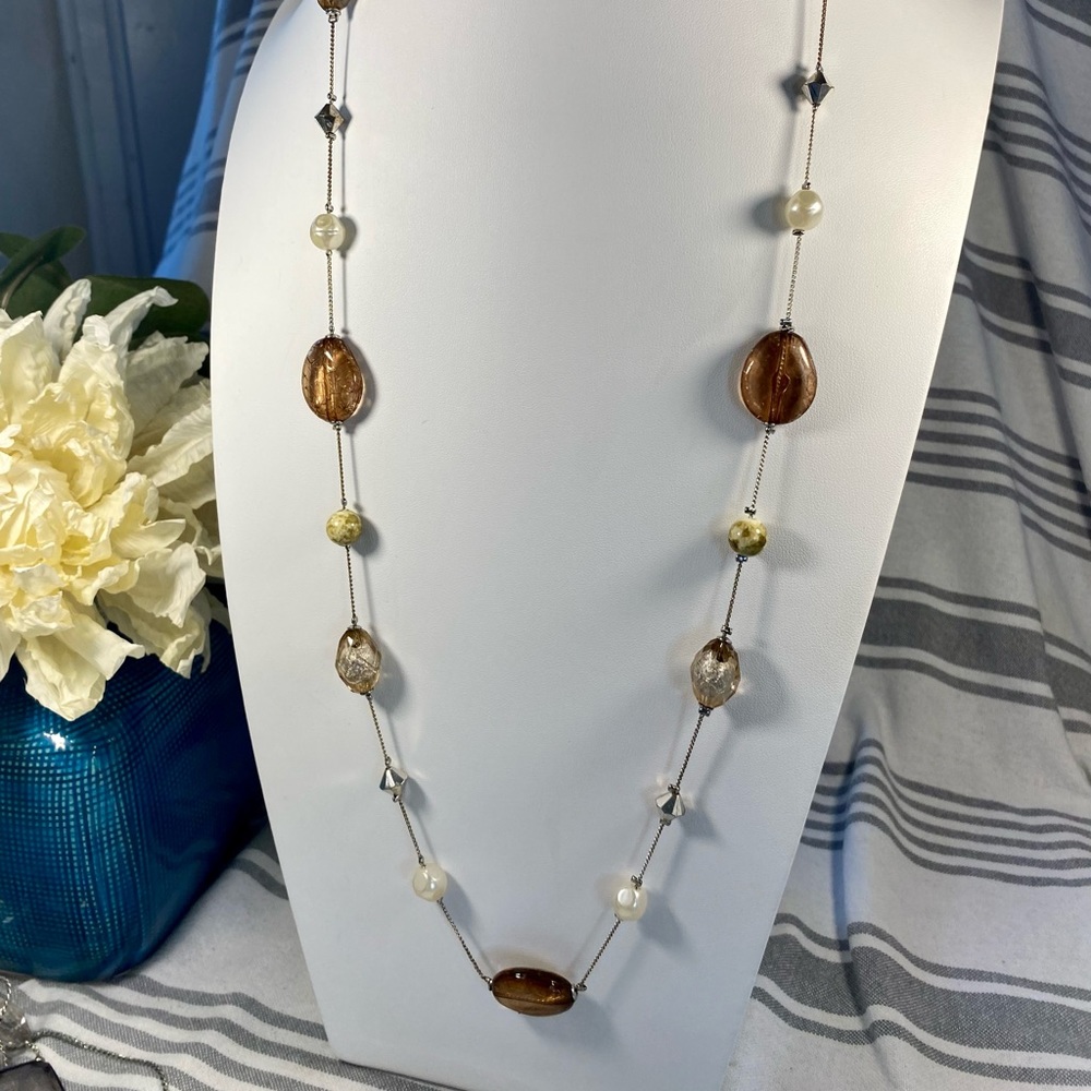 Beaded Silver Tone Amber and Champagne Colored Beads